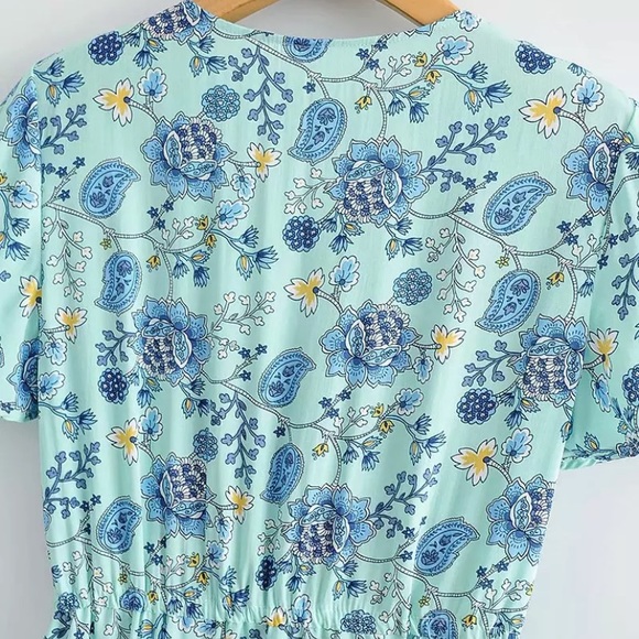 Boho Blue Floral Paisley Short Sleeve Ruffle Dress - Picture 9 of 9